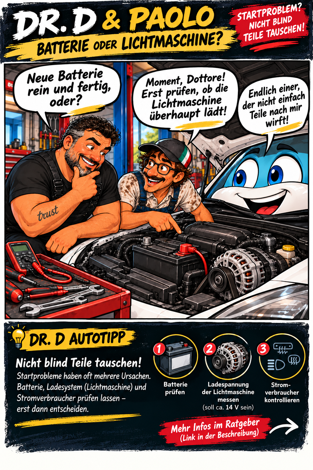 Dr. D, Paolo und das weiße sprechende Auto: Erst Batterie, Ladesystem und Verbraucher prüfen, statt blind Teile zu tauschen.